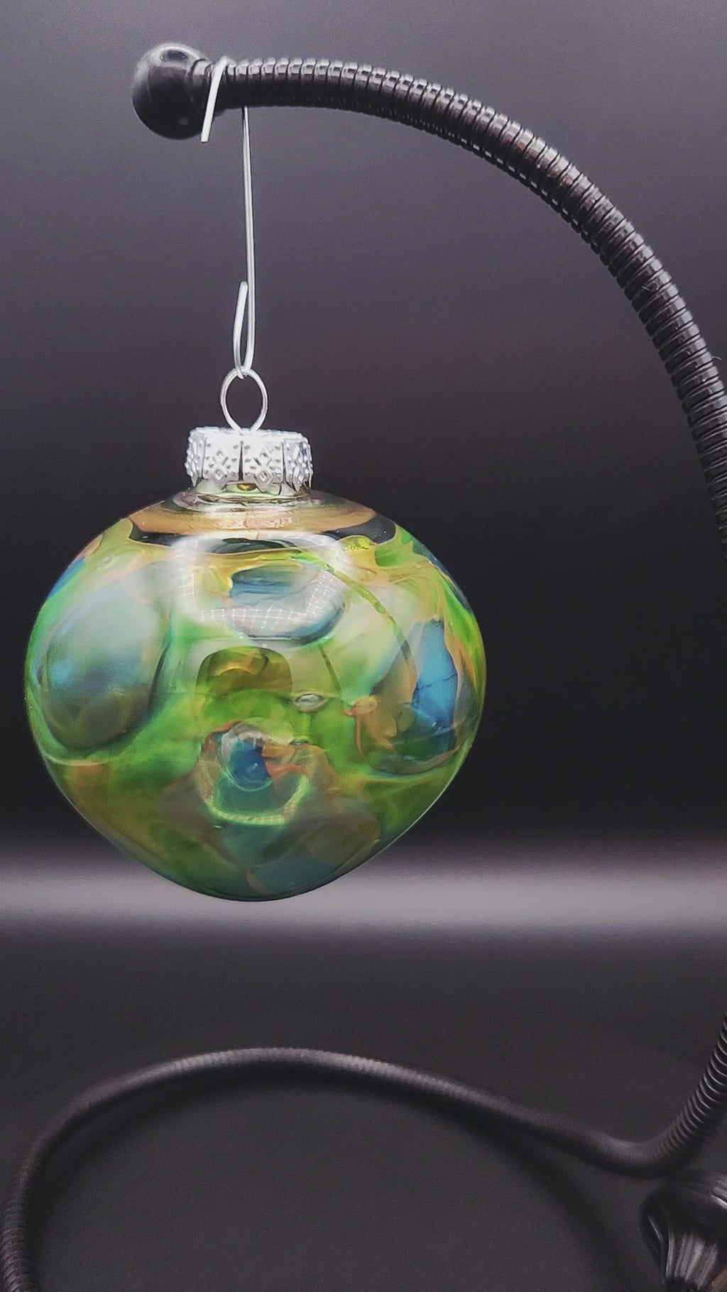 Iridescent Lampworked Glass Ornament - Emerald & Lime Swirl