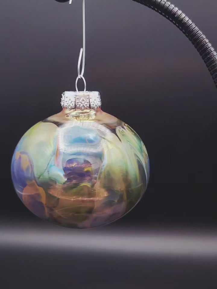 Iridescent Lampworked Glass Ornament - Silver & Gold Swirl