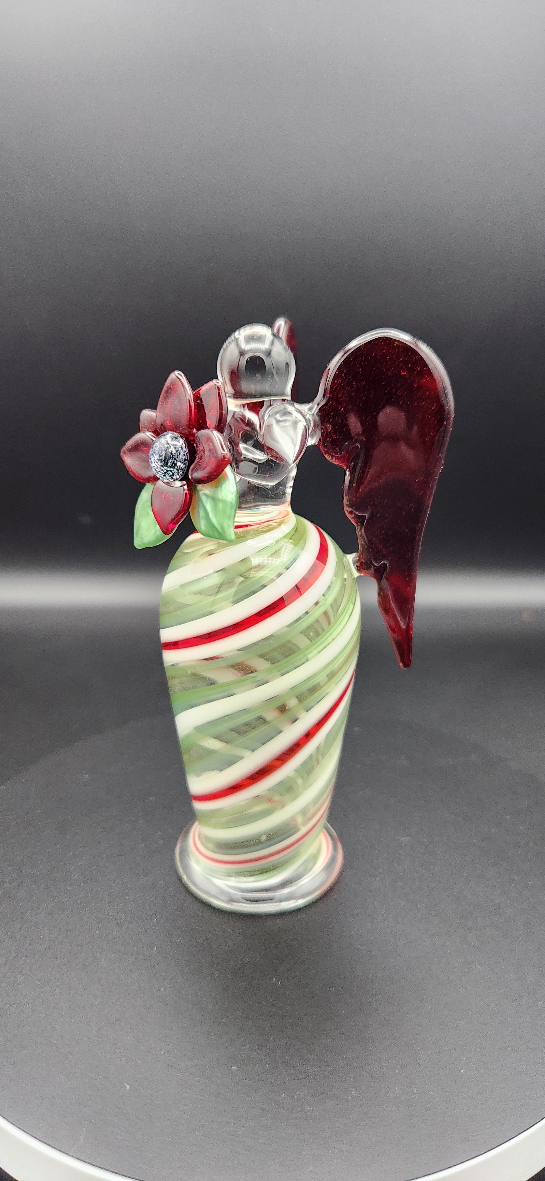 Candy Cane Angel - Handcrafted Glass Figurine with Red Heart Wings