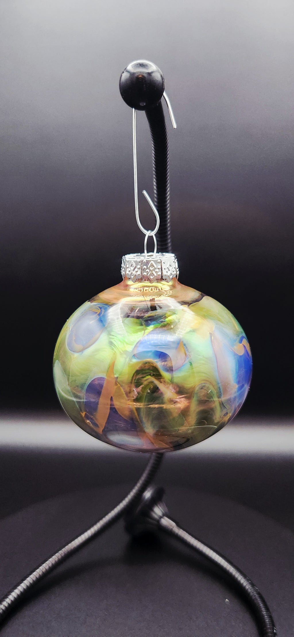 Iridescent Lampworked Glass Ornament - Silver & Gold Swirl