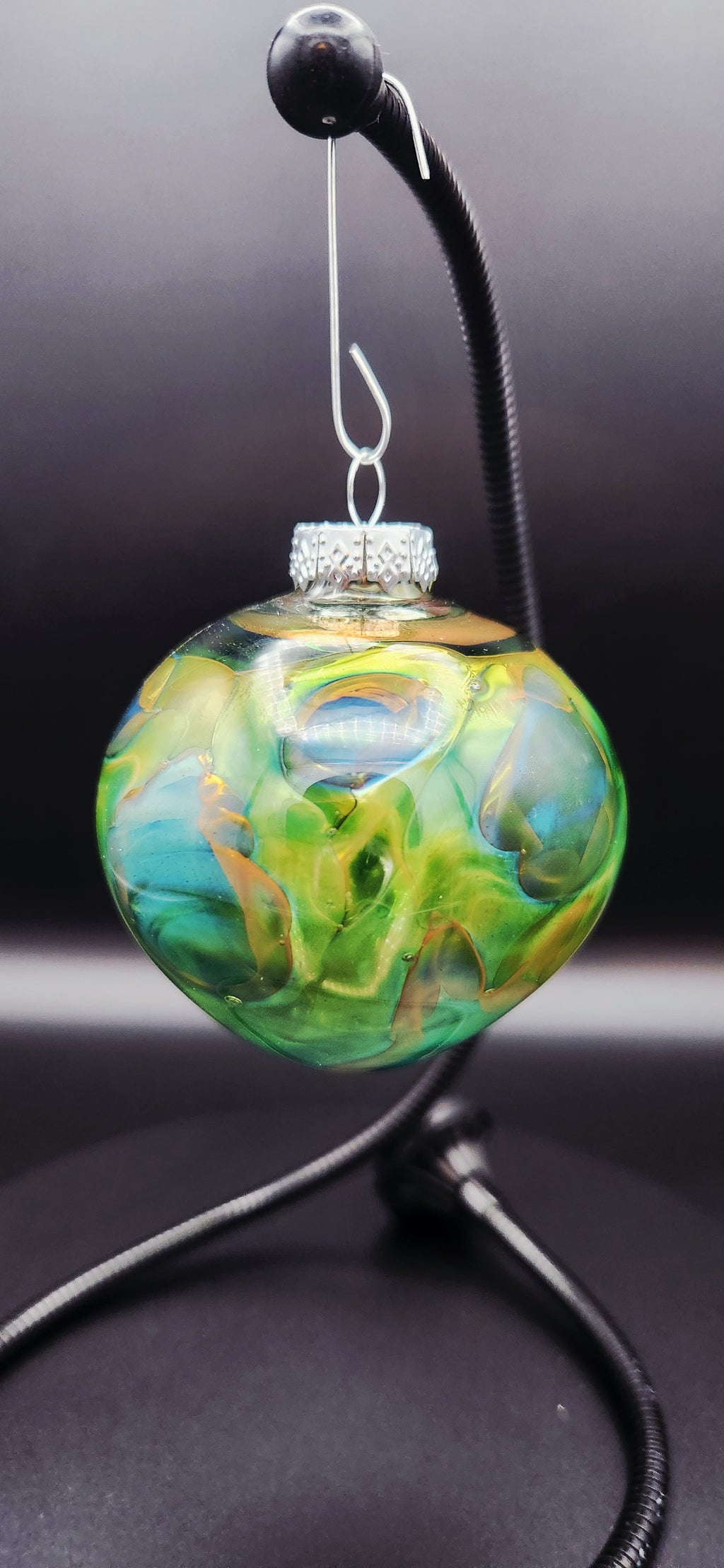 Iridescent Lampworked Glass Ornament - Emerald & Lime Swirl