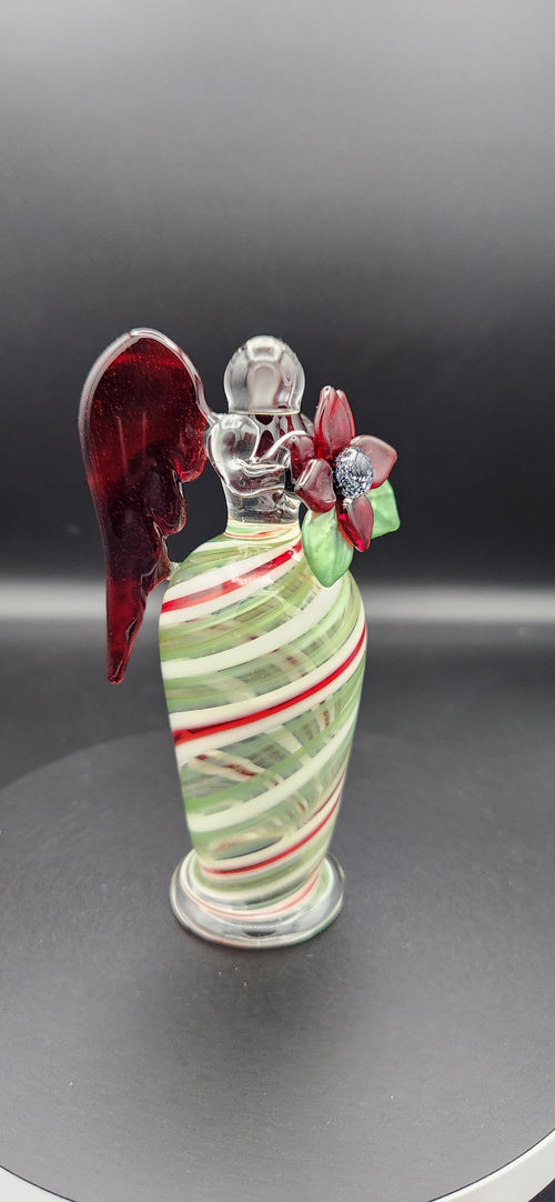 Candy Cane Angel - Handcrafted Glass Figurine with Red Heart Wings